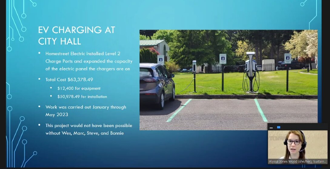 Sustainability Coordinator Alyssa Jones Wood updates the Tumwater Public Works Committee on the recently installed EV charging stations at city hall.